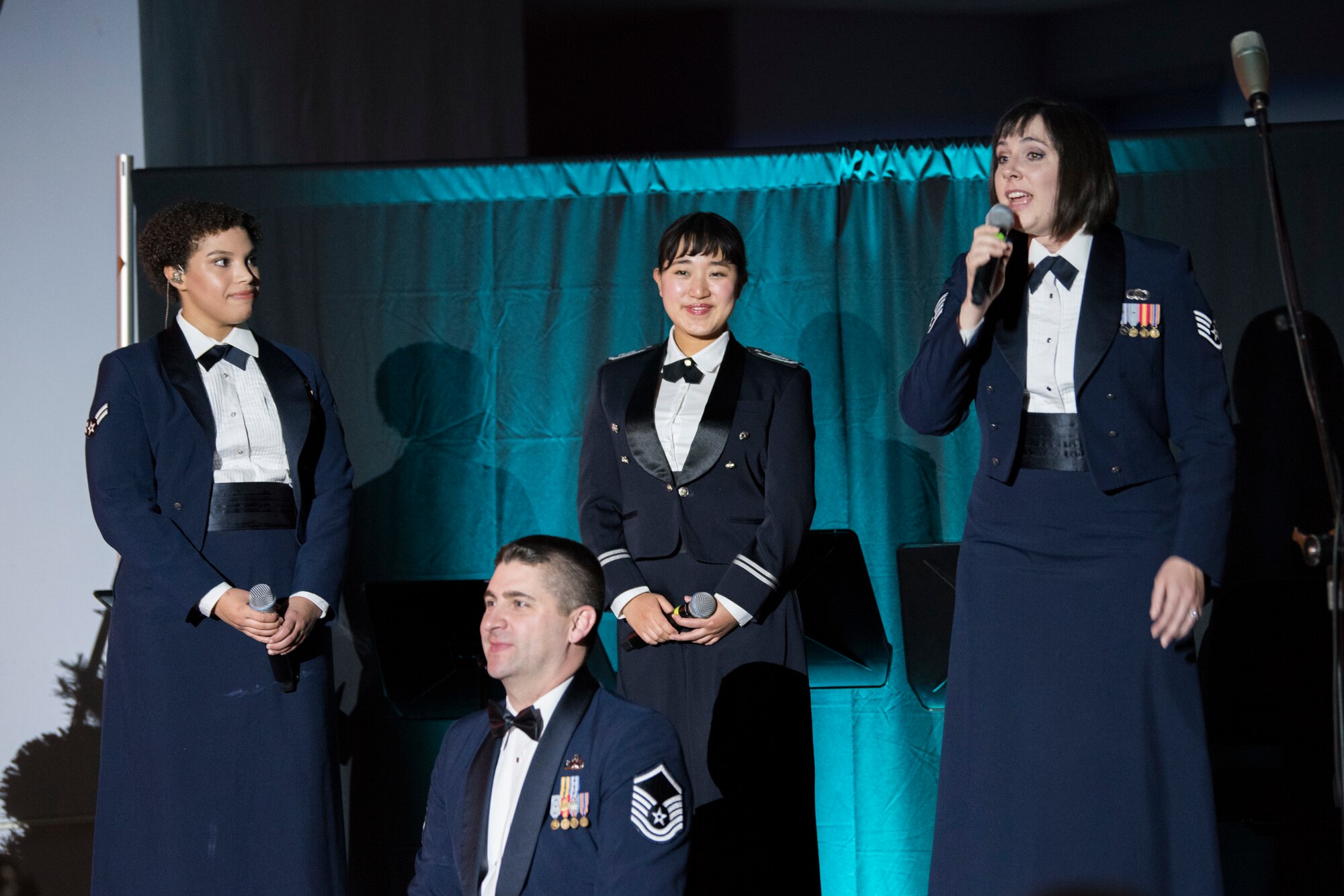 Members of the U.S. Air Force Band of the Pacific and Japan Air Self Defense Force Central Band perform during Sounds of the Season, Dec. 12, 2018, at Yokota Air Base, Japan.