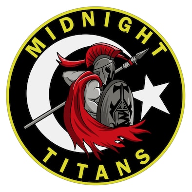 Picture of the Midnight Titans logo featuring a titan in the middle holding a spear and shield.