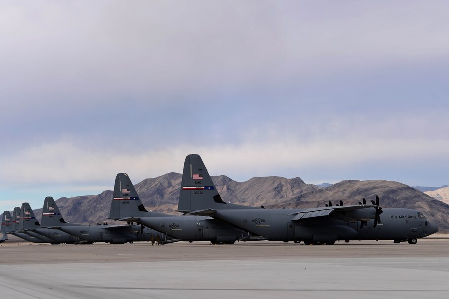 Approximately 20 C-130 Hercules aircraft landed at Creech Air Force Base, Nevada, Dec. 8-10, 2018, as the base supported a Joint Forcible Entry exercise. As one of the most challenging and complex missions of the year, JFE integrates decisive action while demonstrating crisis response and global mobility. (U.S. Air Force Photo by Airman 1st Class Haley Stevens)
