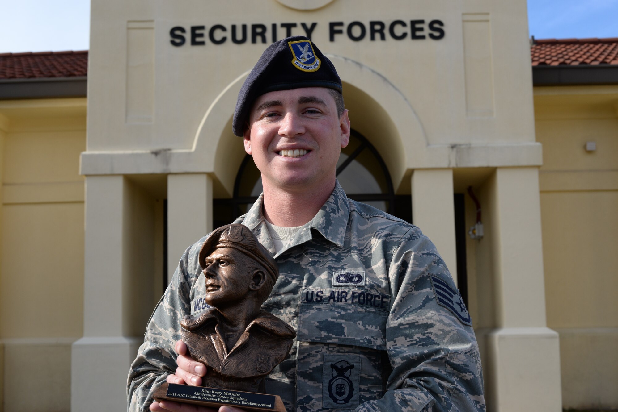 Staff Sgt. Kerry McGuire, 42nd Security Forces Squadron non - commission officer in charge of Physical and Electronic Security, won the Airman 1st Class Elizabeth N. Jacobson Award for Expeditionary Excellence on November 6th, 2018. The U.S. Air Force level award is given to Airmen for outstanding performance while deployed overseas. (U.S. Air Force Photo by Senior Airman Francisco Melendez – Espinosa