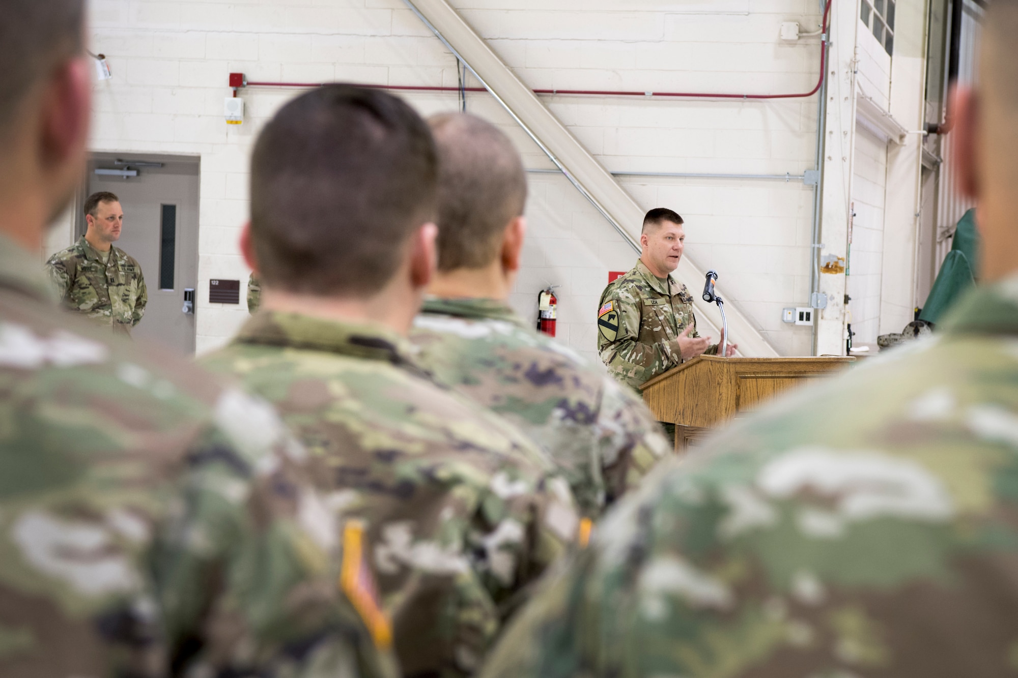 Maj. Theodore Lich gives a speech during his assumption of command of the 316th Psychological Operations at Grissom Air Reserve Base, Ind., Nov. 18, 2018. Lich replaced outgoing commander Maj. Glenn Laws who, along with Lich, lead the unit to be the 6th highest performing PSYOP company in the nation. (U.S. Air Force photo / Master Sgt. Ben Mota)