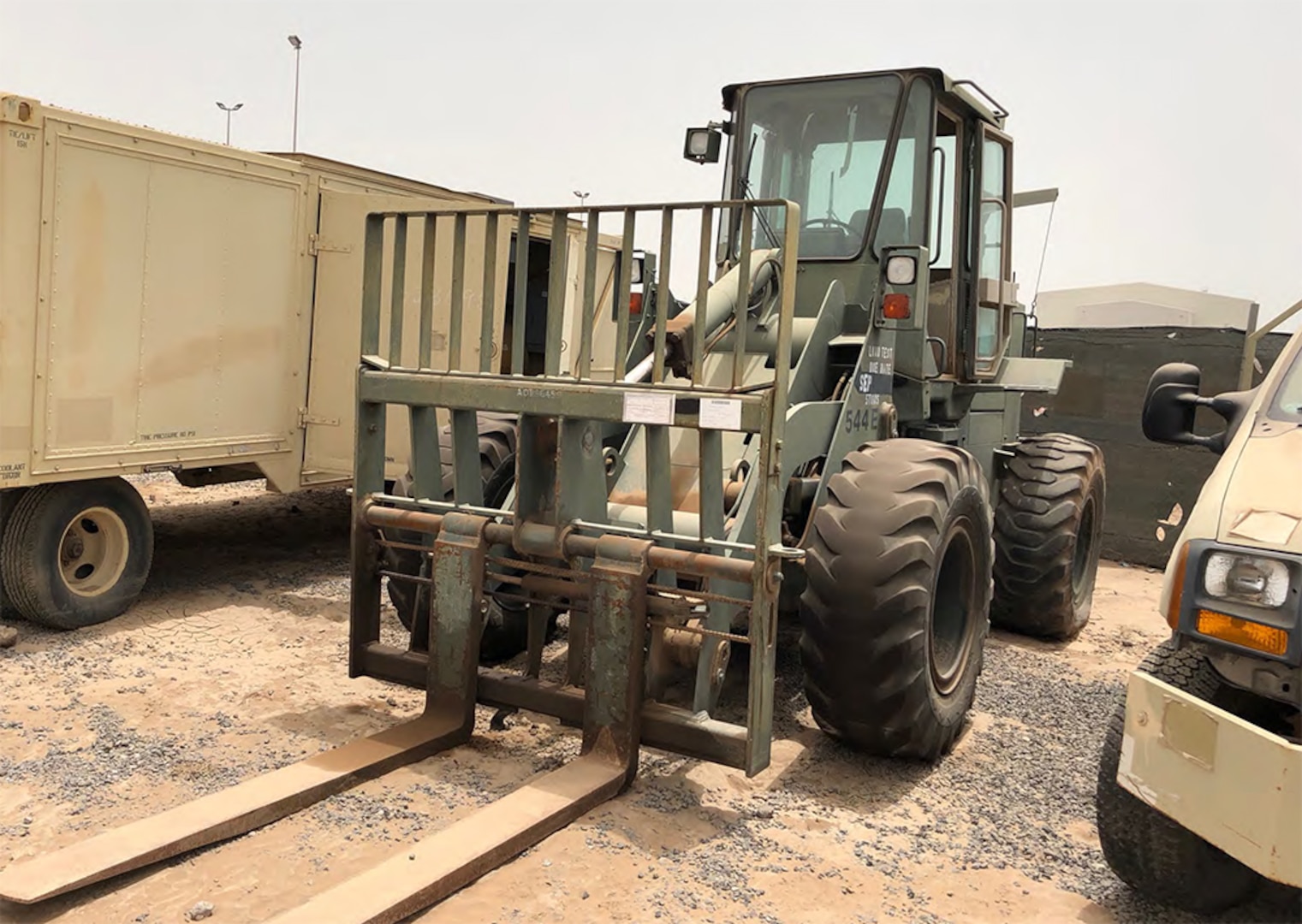 A John Deere forklift loader awaits sale at the DLA Disposition Services at Djibouti excess property yard onboard Camp Lemonnier. DLA recently completed its very first usable excess property sale on the continent of Africa.