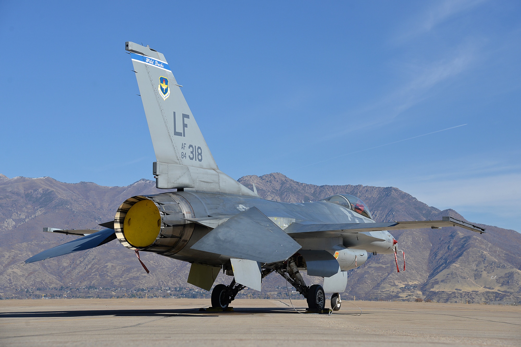 An F-16 Fighting Falcon on the ramp following a functional check flight Nov. 9, 2018, at Hill Air Force Base, Utah. The 573rd Aircraft Maintenance Squadron completed an F-16 modification line known as the ‘3 Amigos’ on more than 300 F-16s from March 2013 to November 2018. The modifications primarily consisted of three structural Time Compliance Technical Order modifications and incorporated concurrent electrical modifications that included updates to the center display unit, helmet mounted integrated targeting, and beyond line-of sight communication. (U.S. Air Force photo by Alex R. Lloyd