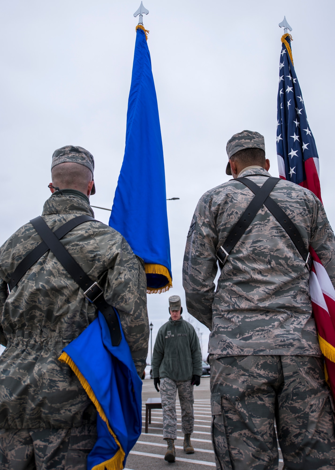 Staff Sgt. Mark Zajac, U.S. Air Force Honor Guard ceremonial guardsman training flight instructor, walks towards ceremonial guardsmen during funeral sequence training Dec. 7, 2018, at Mountain Home Air Force Base, Idaho. The U.S. Air Force Honor Guard held a ceremonial guardsman training course Dec. 3-12 to help the base honor guard maintain their skills during multiple member sequence training. (U.S. Air Force photo by Airman 1st Class Andrew Kobialka)