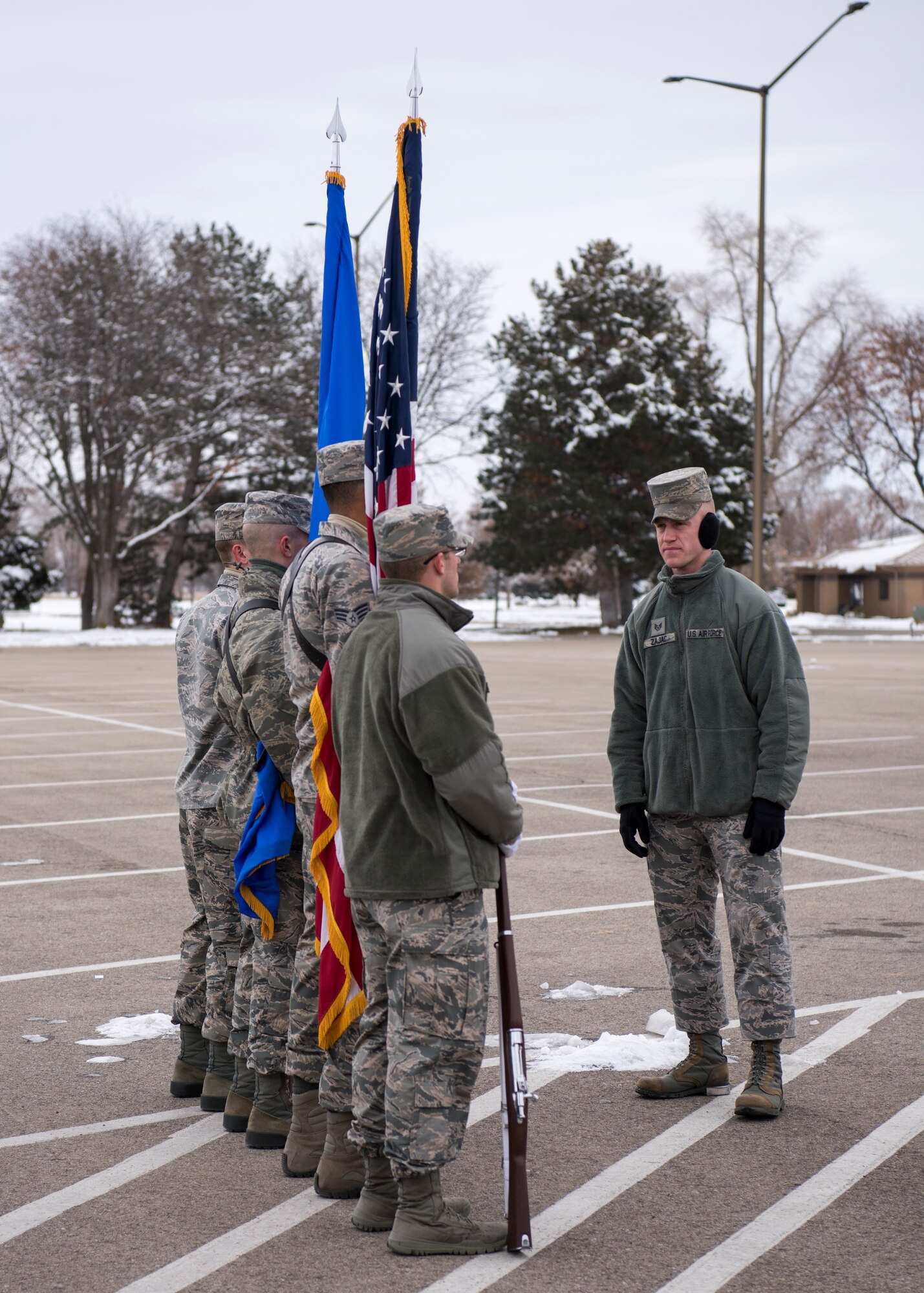 Staff Sgt. Mark Zajac, U.S. Air Force Honor Guard ceremonial guardsman training flight instructor, provides guidance to ceremonial guardsmen during funeral sequence training Dec. 7, 2018, at Mountain Home Air Force Base, Idaho. The U.S. Air Force Honor Guard held a ceremonial guardsman training course Dec. 3-12 to help the base honor guard maintain their skills during multiple member sequence training. (U.S. Air Force photo by Airman 1st Class Andrew Kobialka)