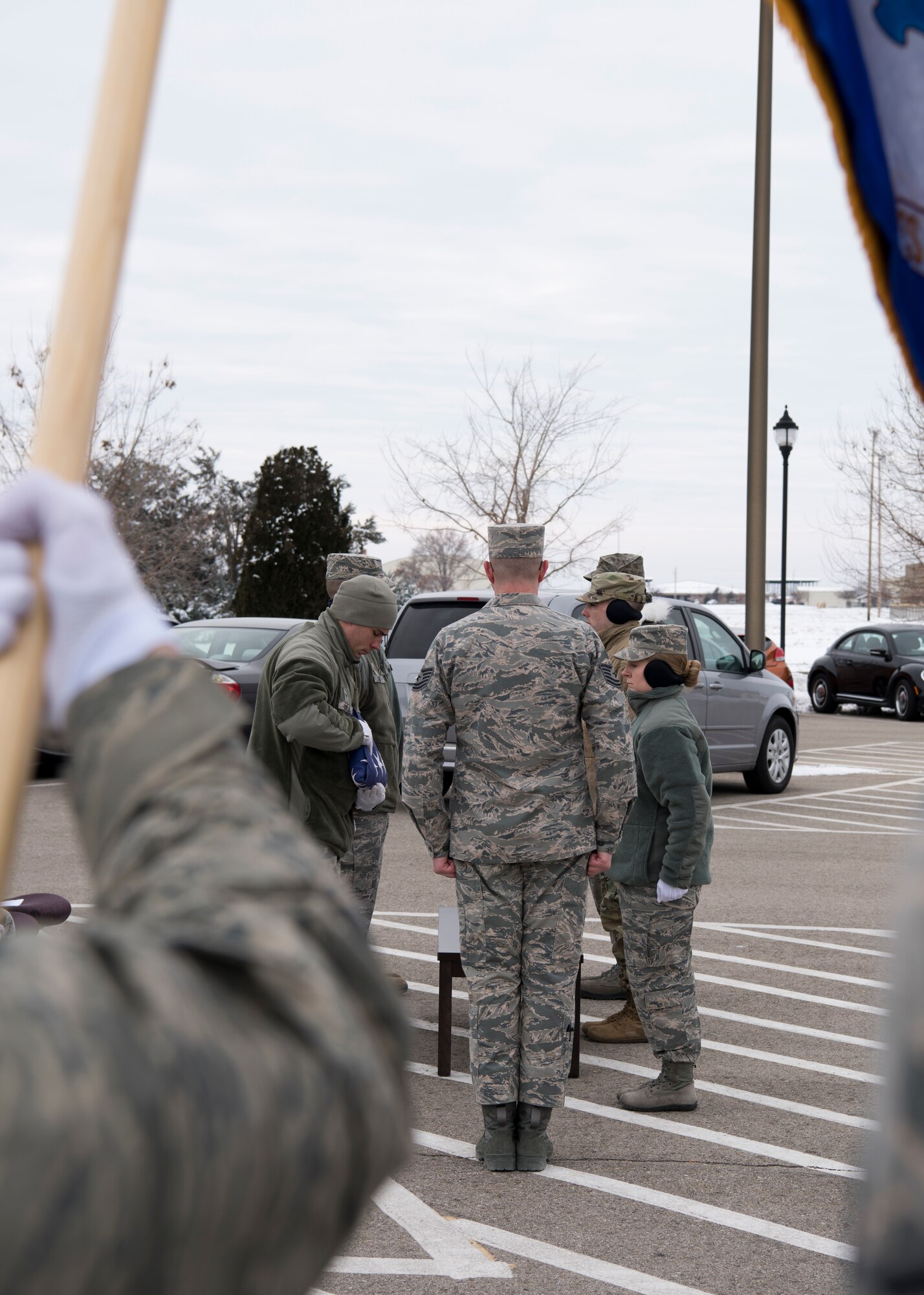 Base ceremonial guardsmen participate in funeral sequence training Dec. 7, 2018, at Mountain Home Air Force Base, Idaho. The U.S. Air Force Honor Guard held a ceremonial guardsman training course Dec. 3-12 to help the base honor guard maintain their skills during multiple member sequence training. (U.S. Air Force photo by Airman 1st Class Andrew Kobialka)