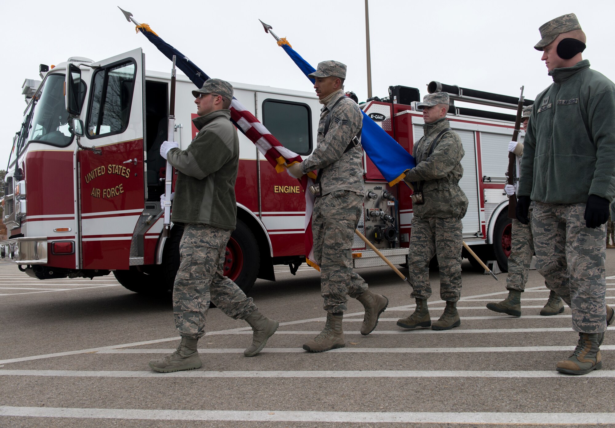 Staff Sgt. Mark Zajac, U.S. Air Force Honor Guard ceremonial guardsman training flight instructor, provides guidance to ceremonial guardsmen during funeral sequence training Dec. 7, 2018, at Mountain Home Air Force Base, Idaho. The U.S. Air Force Honor Guard held a ceremonial guardsman training course Dec. 3-12 to help the base honor guard maintain their skills during multiple member sequence training. (U.S. Air Force photo by Airman 1st Class JaNae Capuno)