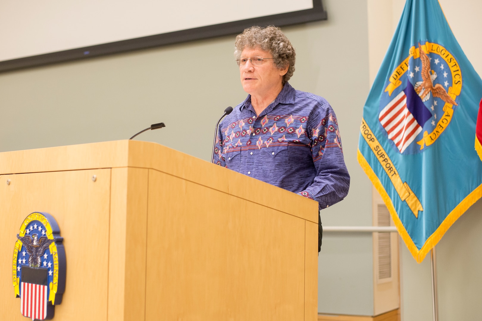 Rob Aptaker, the guest speaker and American Indian storyteller, speaks to the audience during a National American Indian Heritage Month program at DLA Troop Support, Dec. 11, 2018 in Philadelphia.