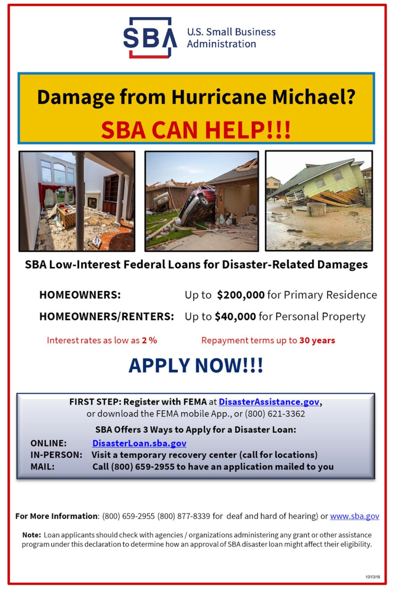 SBA Extends Filing Deadline to Dec 17; Opens Center in Leon County;
Closes Centers in Calhoun, Franklin and Washington Counties