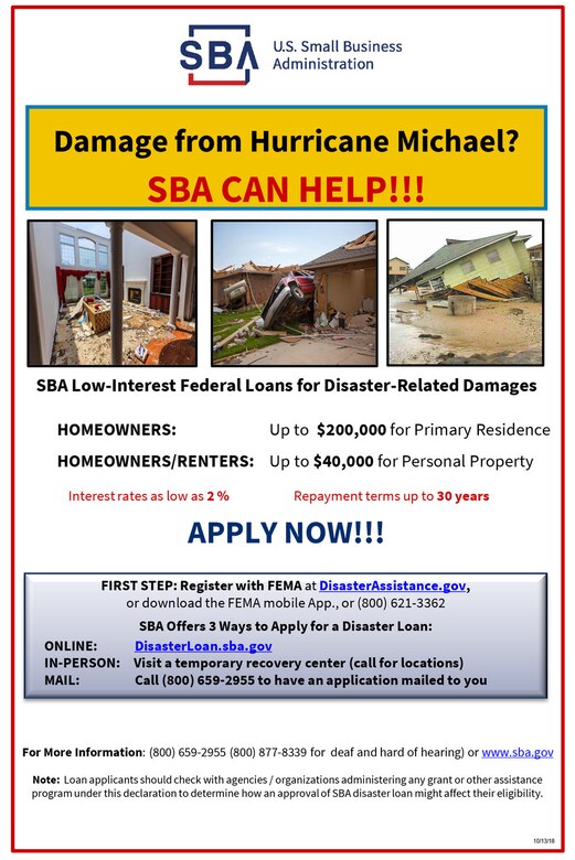 SBA Extends Filing Deadline to Dec 17; Opens Center in Leon County;
Closes Centers in Calhoun, Franklin and Washington Counties