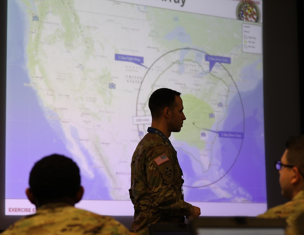 Army Capt. Richard Pfrogner, JTF-CS joint operations officer, course instructor briefs joint action officers and NCO’s at Fort Eustis, Va., Dec 11, 2018. JTF-CS hosted a three-day Joint Operations Center (JOC) training course Dec. 11-13 educating the (DCRF) members on the art and science of employing an operation center in preparation for a catastrophic CBRN occurrence. When directed, JTF-CS is ready to respond in 24 hours to provide command and control of 5,200 federal military forces located at more than 30 locations throughout the nation in support of civil authority response operations to save lives, prevent further injury and provide critical support to enable community recovery. (DoD photo by U.S. Air Force Tech. Sgt. Michael Campbell/ Released)