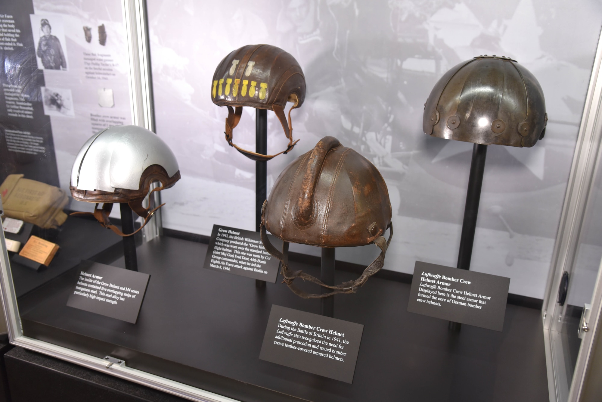 WWII bomber crew helmets on display in the WWII Gallery at the National Museum of the USAF. (U.S.Air Force photo)