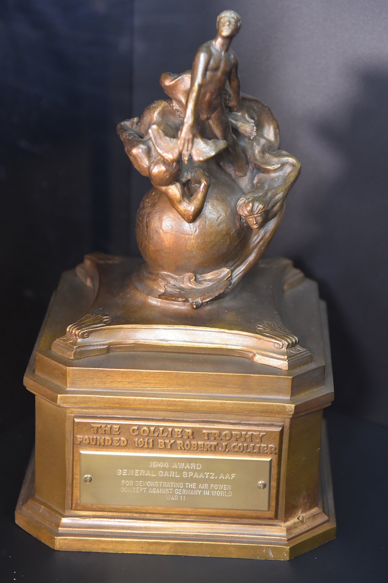 The 1944 Collier Trophy awarded to Carl A. Spaatz for "demonstrating the air power concept through employment of American aviation in the war against Germany." The Collier Trophy is awarded annually for significant achievement in the advancement of aviation.(U.S. Air Force photo)