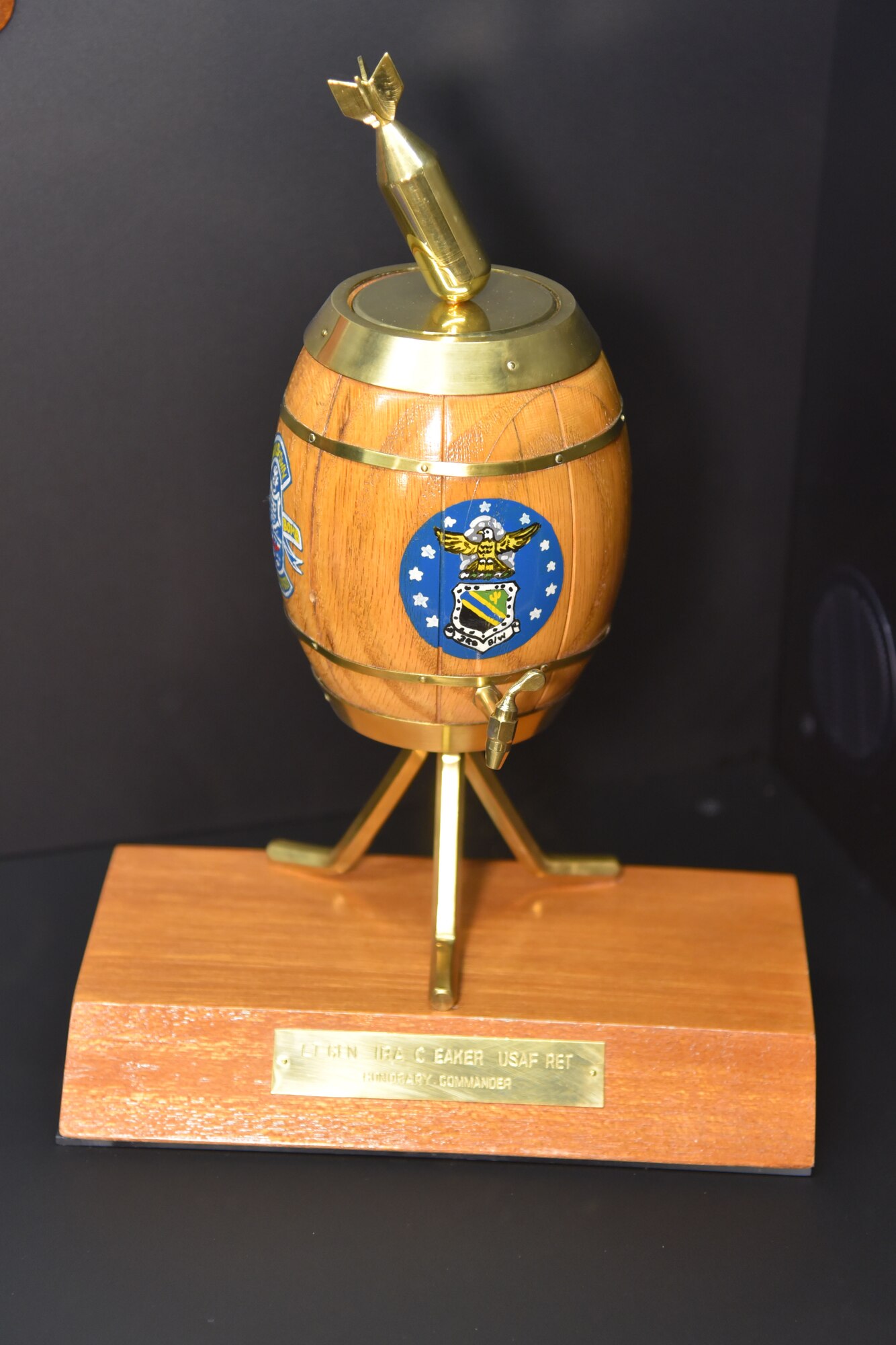 Ira Eaker received this unique commemorative piece after the war in recognition of his leadership during the strategic bombing campaign.  It refers to the claimed ability of the Norden’s bombsight to “drop a bomb in a pickle barrel from 18,000 feet.”