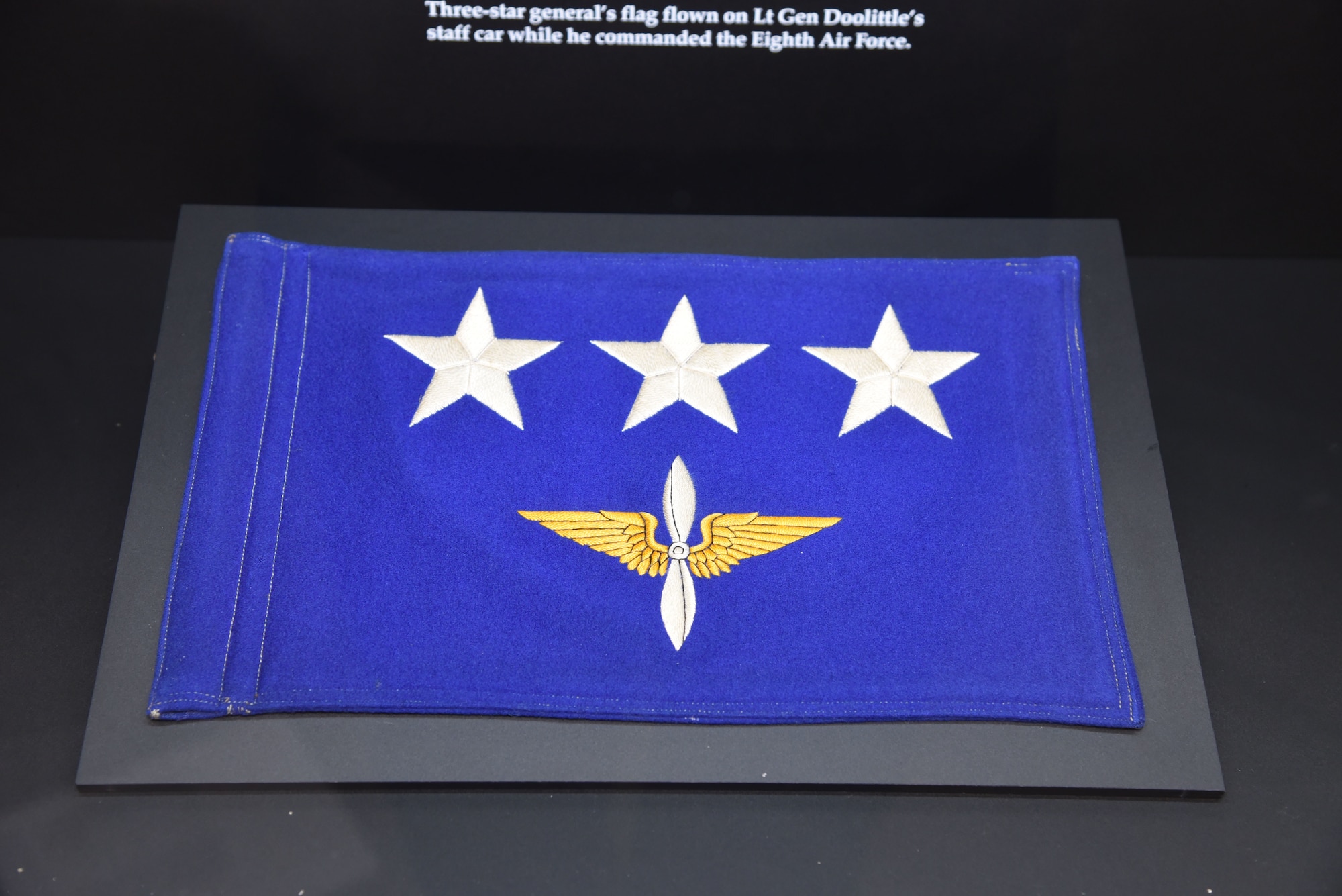 Three-star general's flag flown on Lt. Gen. Doolittle's staff car while he commanded the Eighth Air Force.(U.S. Air Force photo)