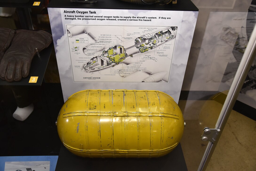 DAYTON, Ohio -- Crippling the Nazi War Machine: USAAF Strategic Bombing in Europe exhibit in the WWII Gallery at the National Museum of the U.S. Air Force. Photo of an aircraft oxygen tank.(U.S. Air Force photo)