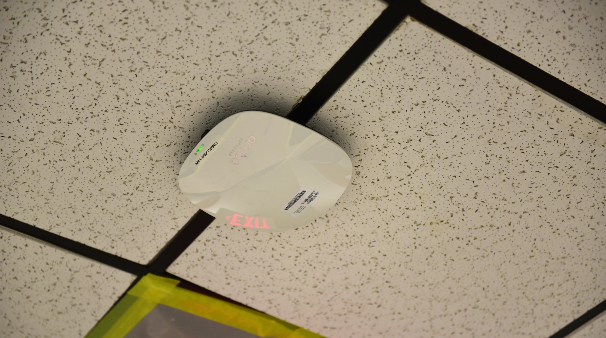 A newly installed Wi-Fi access point at Tyndall Air Force Base, Fla., Dec. 14, 2018. The state-of-the-art Wi-Fi equipment has been installed and is fully operational in 12 buildings, with 3 more slated to be completed soon after the hurricane recovery mold remediation is finished. Upon completion, 191 brand new Wi-Fi access points will be available throughout the 15 buildings. (U.S. Air Force photo by Senior Airman Cody R. Miller)