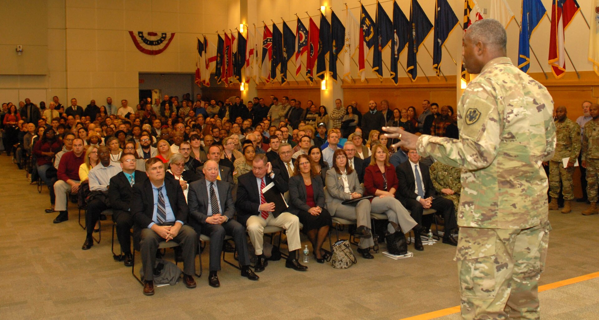 DLA Director Army Lt. Gen. Darrell K. Williams addresses the Troop Support workforce during a town hall event at DLA Troop Support in Philadelphia Dec. 7, 2018.