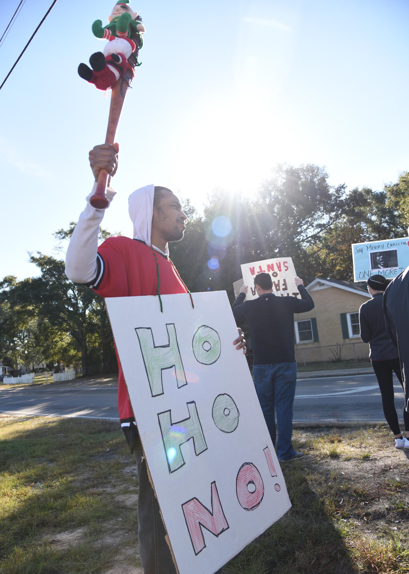 U.S. Air Force Staff Sgt. Eldon Brown, 81st Operations Support Flight airfield systems technician, portrays a "protestor" during the 81st Security Forces Squadron protest drill at Keesler Air Force Base, Mississippi, Dec. 12, 2018. The scenario included peaceful protestors expressing their first amendment right that further escalated to a riot when they felt they weren't being heard. The drill, which was a joint effort with the Biloxi Police Department, was conducted to control or prohibit demonstrations and protests. (U.S. Air Force photo by Kemberly Groue)