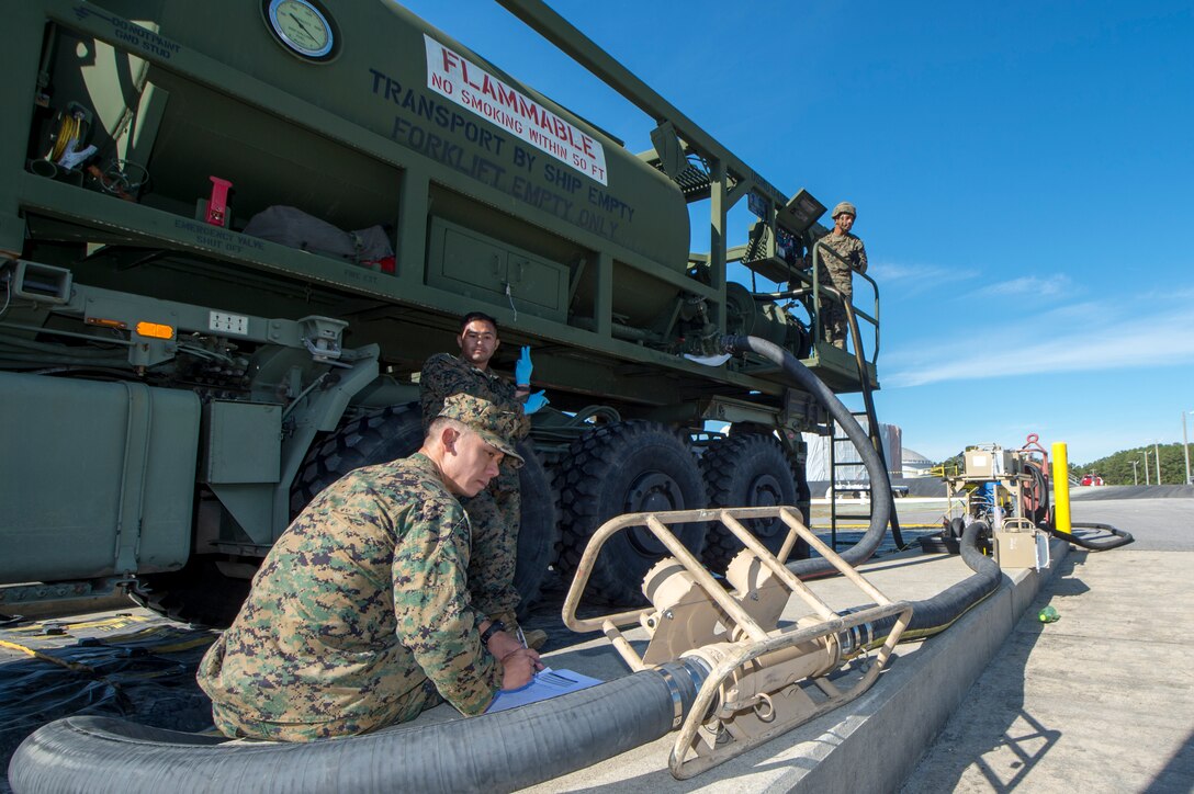 Marine Maj. Kelvin Chew, Marine Corps Expeditionary Office technology and experimentation officer, monitors the amount of fuel pumped through the expeditionary Mobile Fuel Additization Capability at the Charleston Defense Fuel Supply Point Dec. 6, 2018.