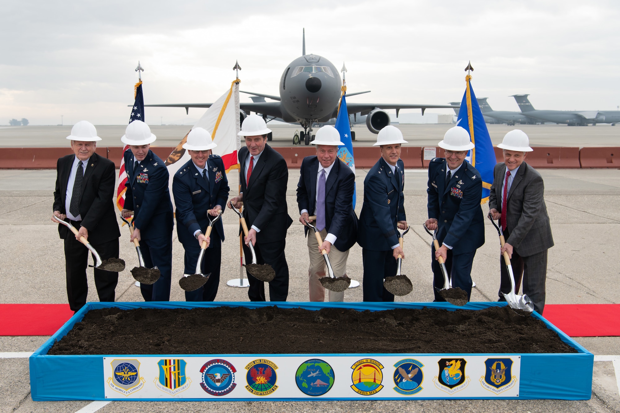 Maj. Gen. Randall Ogden, 4th Air Force commander (third from right) and Col. Raymond Kozak, 349th Air Mobility Wing commander (second from right) participated in the ceremony.