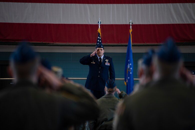 Lt. Col. Joey Sullivan receives his first salute from his new 415th Special Operations Squadron troops during a change of command ceremony here Dec. 14. Col. (U.S. Air Force photo by Airman 1st Class Austin J. Prisbrey)