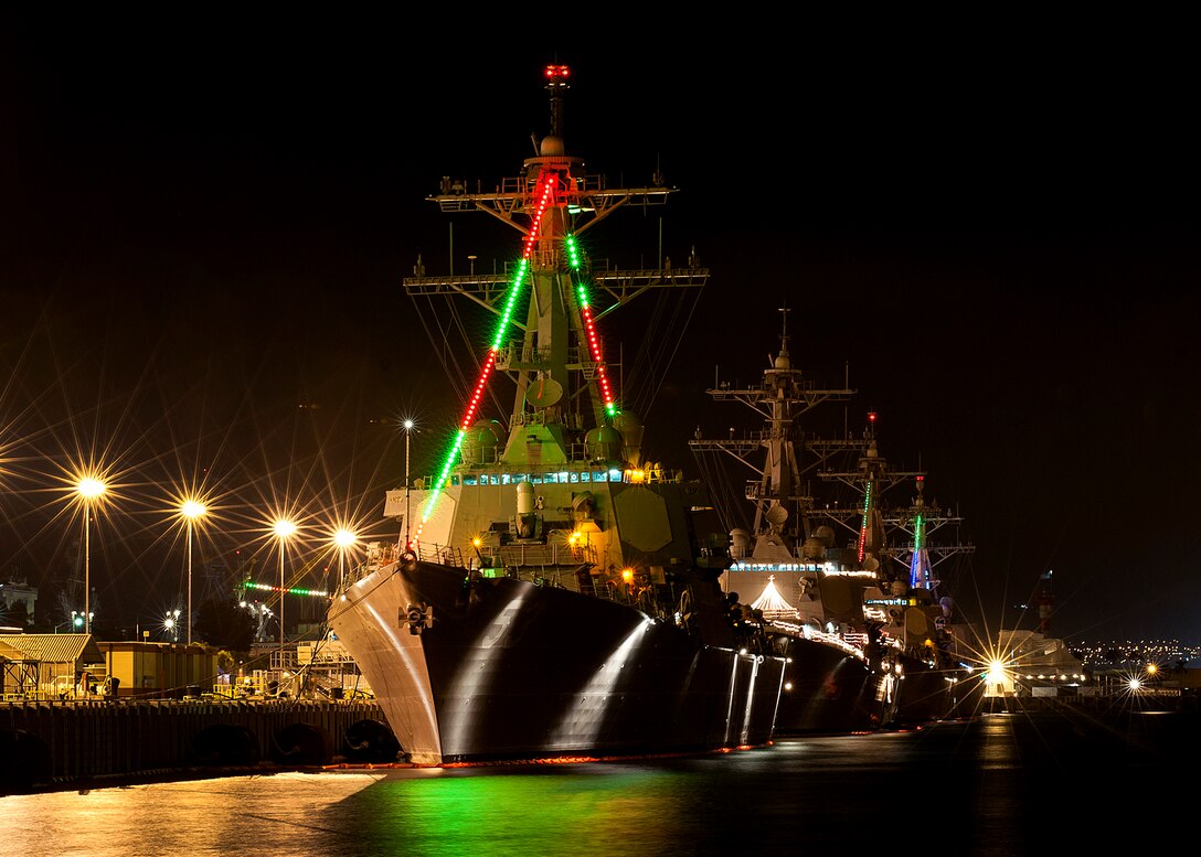 Ships decorated with Christmas lights
