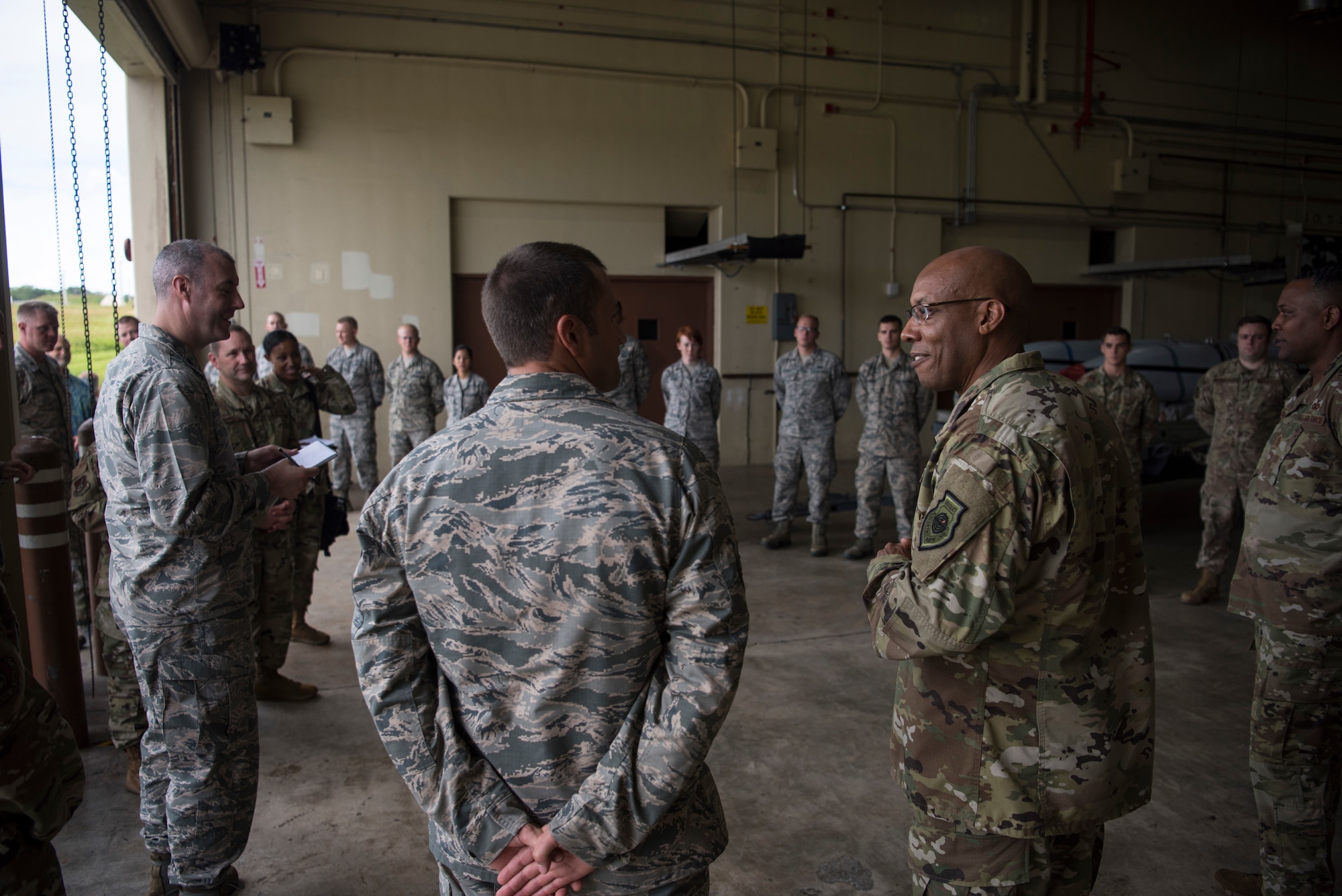 Gen. CQ Brown, Jr., Pacific Air Forces commander, meets with members of the 36th Maintenance Group during a visit to Andersen Air Force Base, Guam, Dec. 10, 2018. During the visit, Brown emphasized the importance of Team Andersen’s role in ensuring regional security and stability. (U.S. Air Force photo by Senior Airman Zachary Bumpus)