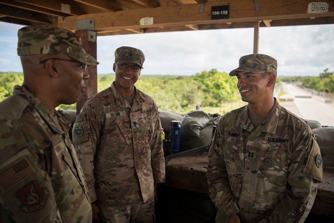 Gen. CQ Brown, Jr., Pacific Air Forces commander, meets with soldiers assigned to U.S. Army Air and Missile Defense Command, Task Force Talon, during a visit to Andersen Air Force Base, Guam, Dec. 10, 2018. During the visit, Brown emphasized the importance of Andersen’s role in ensuring regional security and stability. (U.S. Air Force photo by Senior Airman Zachary Bumpus)