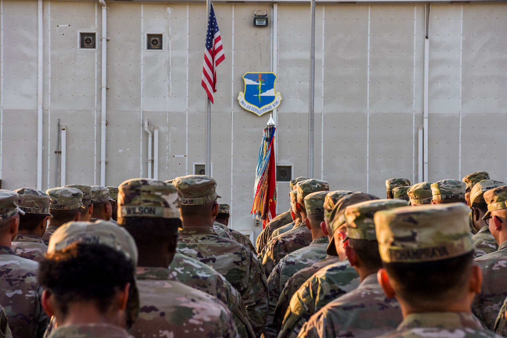 Soldiers assigned to the 1st Battalion, 43rd Air Defense Artillery Regiment stand in formation during a monthly retreat ceremony at Al Dhafra Air Base, United Arab Emirates, Dec. 7, 2018.