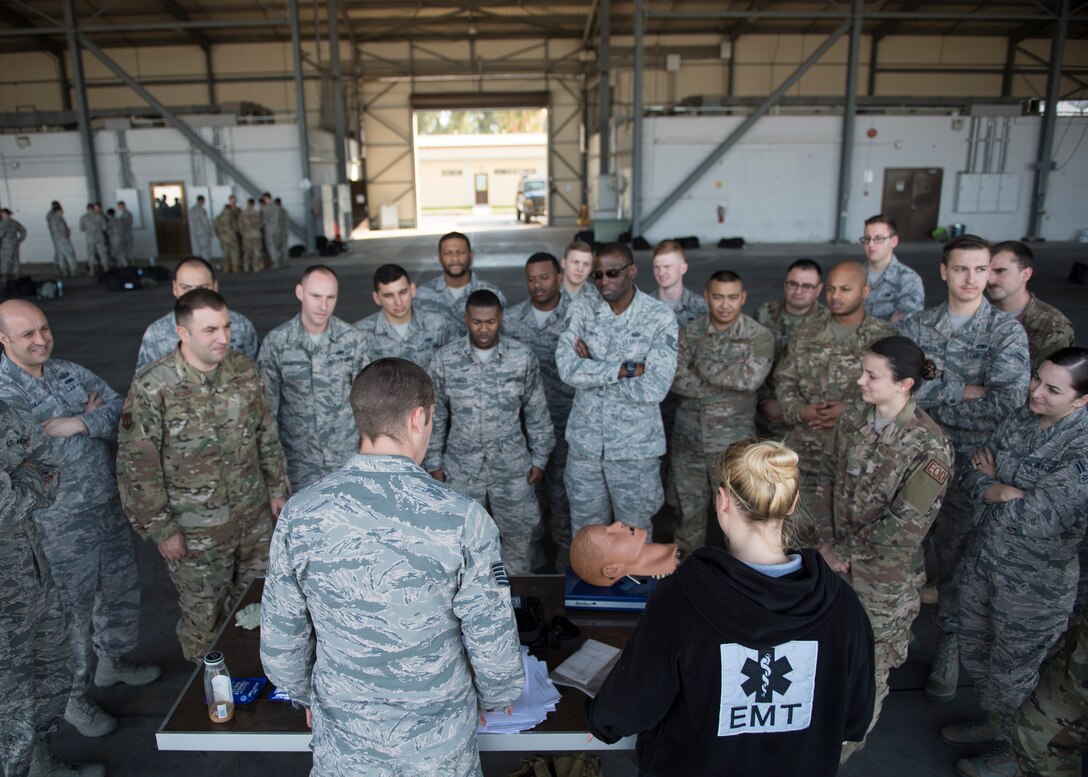 U.S. Air Force Airmen assigned to the 39th Air Base Wing receive Self Aid Buddy Care training during an Ability to Survive and Operate Rodeo at Incirlik Air Base, Turkey, Dec. 3, 2018.