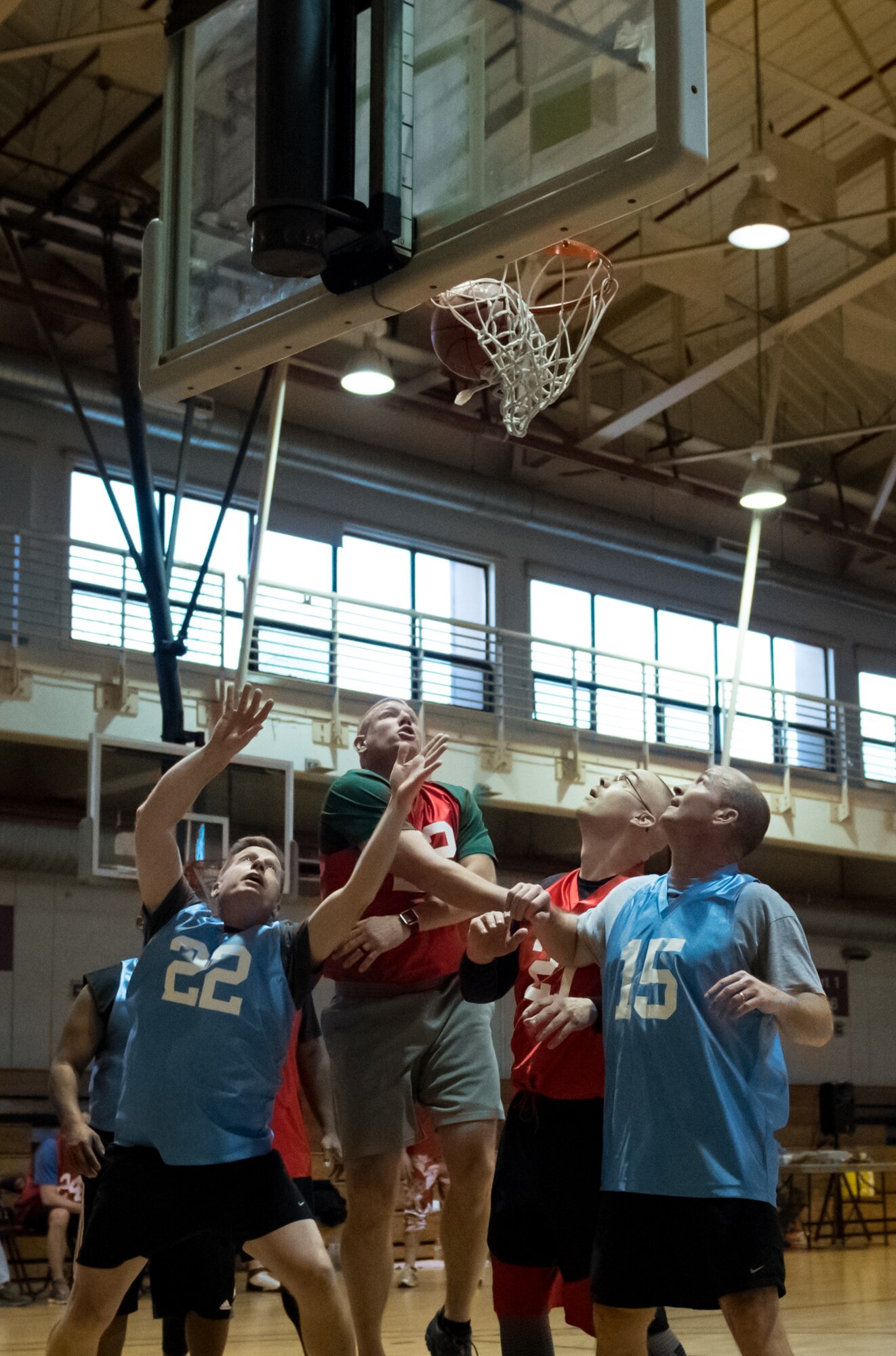 U.S. Air Force chief master sergeants and colonels from the 51st Fighter Wing play Basketball in the Chiefs Vs. Eagles game at Osan Air Base, Republic of Korea, Dec. 14, 2018.