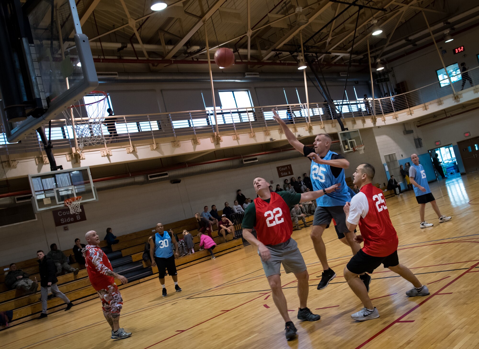 U.S. Air Force chief master sergeants and colonels from the 51st Fighter Wing play Basketball in the Chiefs Vs. Eagles game at Osan Air Base, Republic of Korea, Dec. 14, 2018.