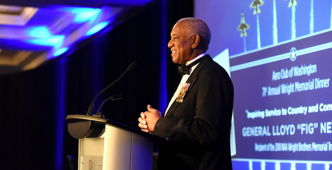 Retired Gen. Lloyd Newton, the 2018 Wright Brothers Memorial Trophy winner, delivers remarks during the 71st National Aeronautics Association Wright Brothers Memorial Dinner in Washington, D.C., Dec. 14, 2018. According to an NAA press release, the trophy was created in 1948 and is presented annually to a “living American who has contributed significant public service of enduring value to aviation in the United States.” (U.S. Air Force photo by Staff Sgt. Rusty Frank)