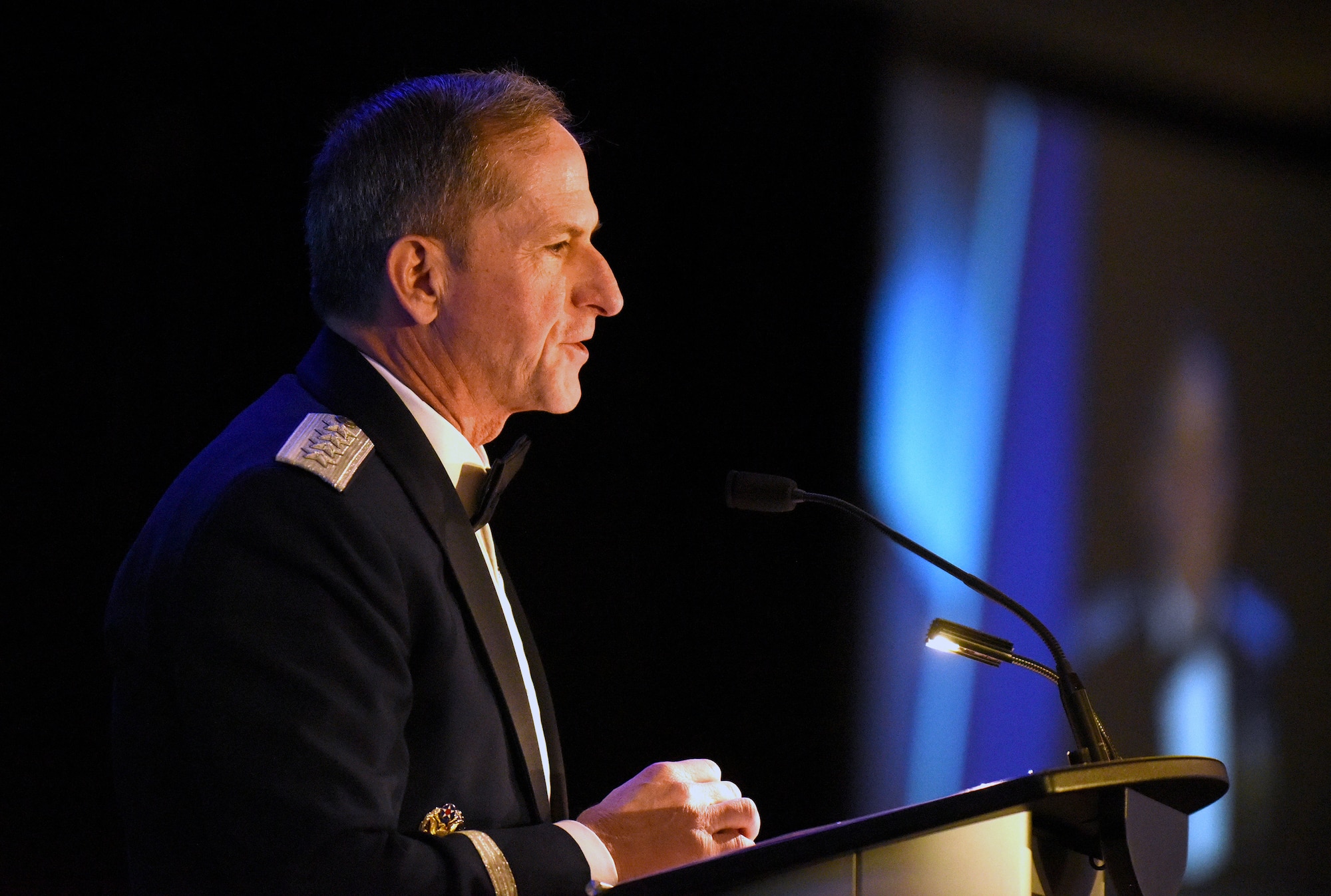 Air Force Chief of Staff Gen. David L. Goldfein delivers remarks during the 71st National Aeronautics Association Wright Brothers Memorial Dinner in Washington, D.C., Dec. 14, 2018. Goldfein introduced retired Gen. Lloyd Newton, the 2018 Wright Brothers Memorial Trophy winner. (U.S. Air Force photo by Staff Sgt. Rusty Frank)