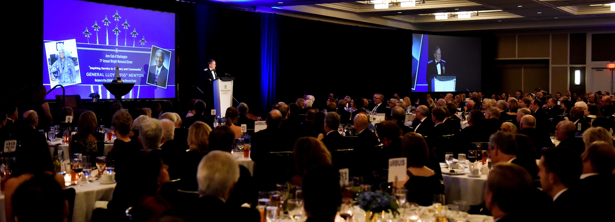 Air Force Chief of Staff Gen. David L. Goldfein delivers remarks during the 71st National Aeronautics Association Wright Brothers Memorial Dinner in Washington, D.C., Dec. 14, 2018. Goldfein introduced retired Gen. Lloyd Newton, the 2018 Wright Brothers Memorial Trophy winner. (U.S. Air Force photo by Staff Sgt. Rusty Frank)