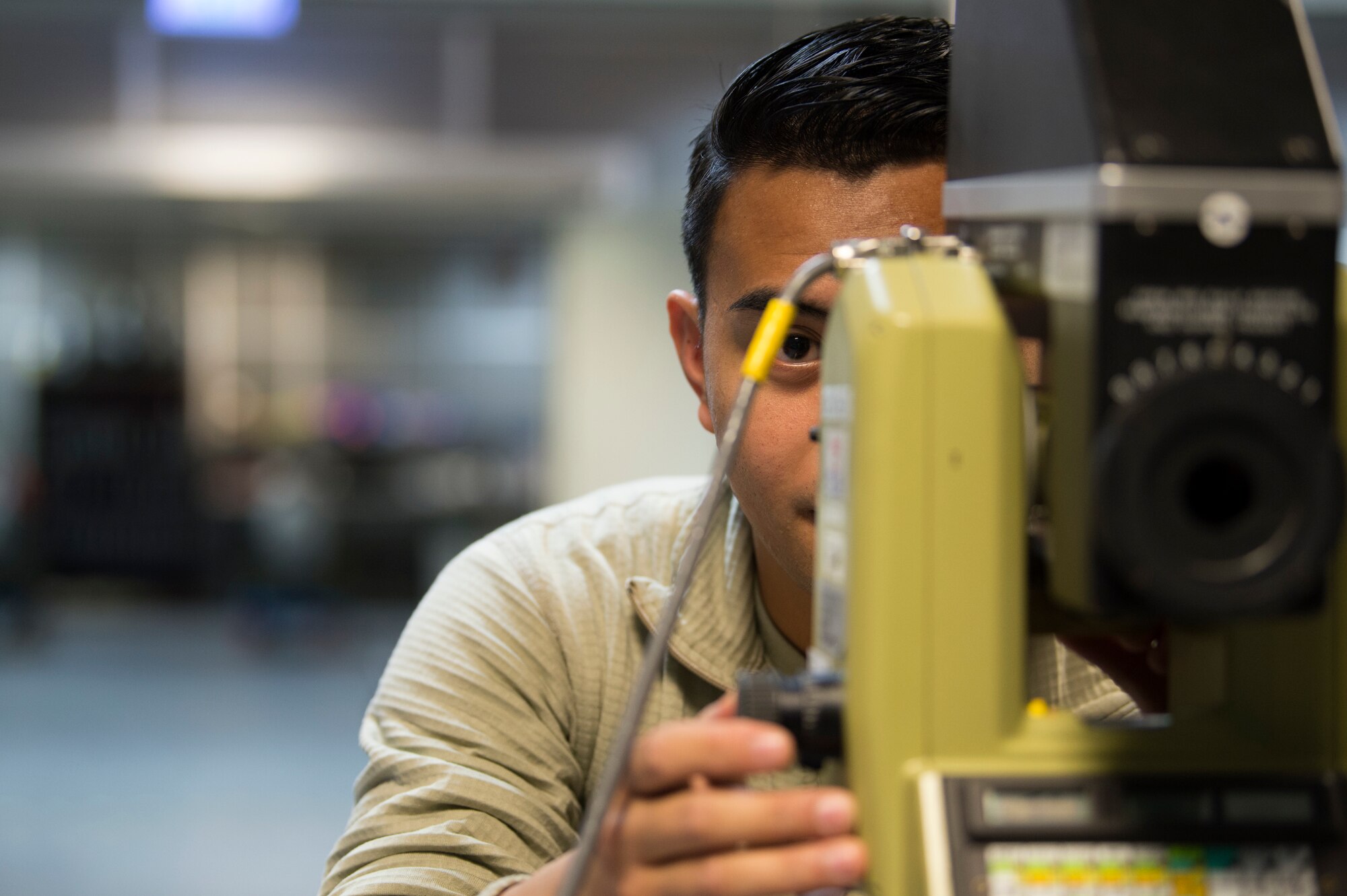 A theodolite is a precision optical instrument for measuring angles between designated visible points. This is used in conjunction with pilot's helmets to measure angles in the horizontal and vertical planes. This helps pilots differentiate between angles while flying.