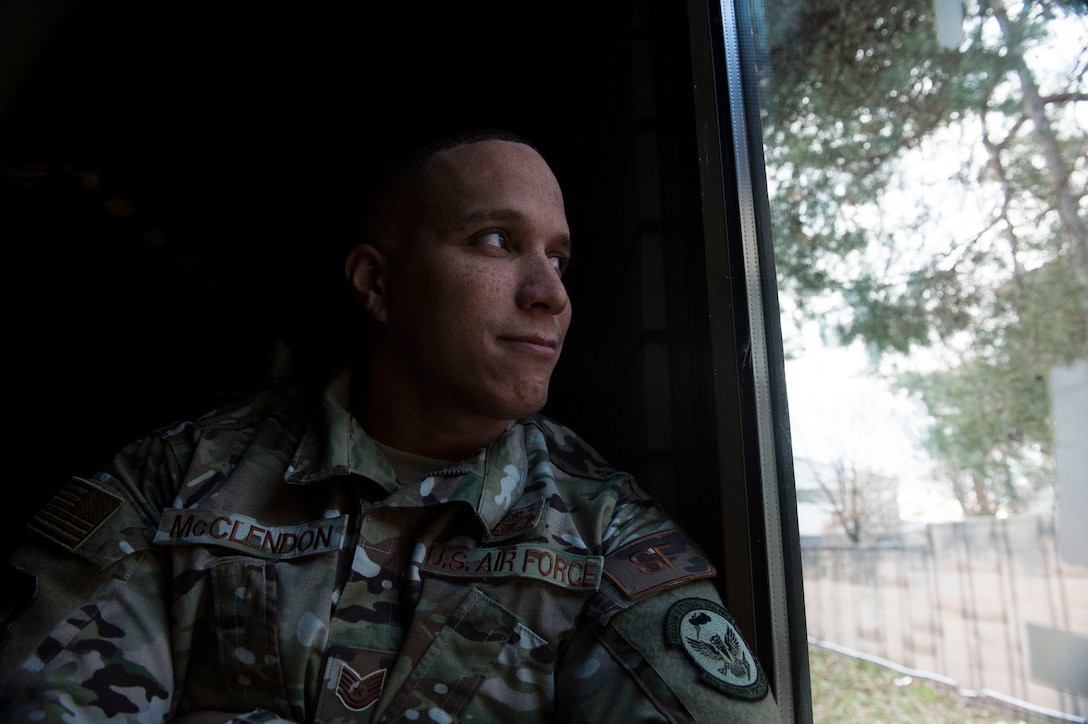 U.S. Air Force Tech. Sgt. Reuben McClendon, 86th Security Forces Assistant non-commissioned officer in charge of training, stares out the window on Ramstein Air Base, Germany, Dec. 13, 2018. McClendon helps build resiliency in his fellow Airmen the telling his story of how he overcame adversity. (U.S. Air Force photo by Senior Airman Joshua Magbanua)