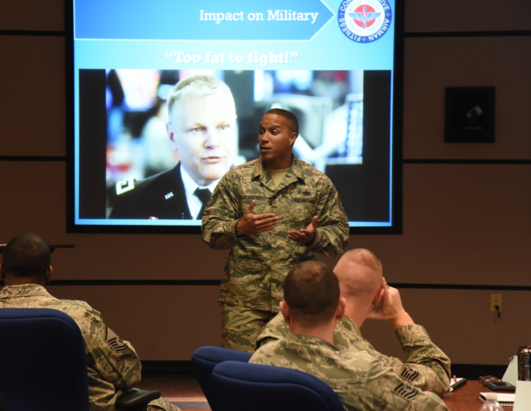 U.S. Air Force Tech. Sgt. Reuben McClendon, 86th Security Forces Assistant non-commissioned officer in charge of training, teaches a resiliency class on (place, date). McClendon regularly gives talks about how to overcome adversity and maintain resiliency. (Courtesy photo)