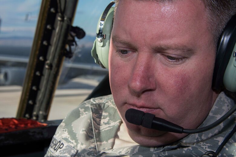 U.S. Air Force Tech. Sgt. Keith Bishop, 307th Aircraft Maintenance Squadron crew chief, checks fuel levels on a B-52 Stratofortress at Nellis Air Force Base, Nevada, Dec. 11, 2018.  He served on an integrated team of active-duty and Reserve Citizen Airmen maintainers from Barksdale AFB, Louisiana during the biannual Weapons School Integration exercise. (U.S. Air Force photo by Master Sgt. Ted Daigle)