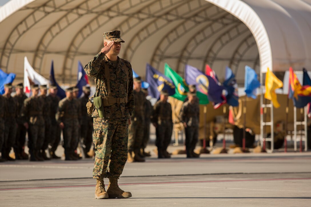 Sgt. Maj. Jesse Becker, Sergeant Major of Marine Unmanned Aerial Vehicle Squadron one (VMU-1), is appointed the new squadron sergeant major after relieving Sgt. Maj. Arturo Cisneros, Nov. 30, 2018 at the VMU-1 hangar. Sgt. Maj. Cisneros served with VMU-1 honorably for just under three years, ensuring that the Marines assigned to the squadron performed their duties exceptionally while continuously building unit morale. (U.S. Marine Corps photo by Cpl. Sabrina Candiaflores)