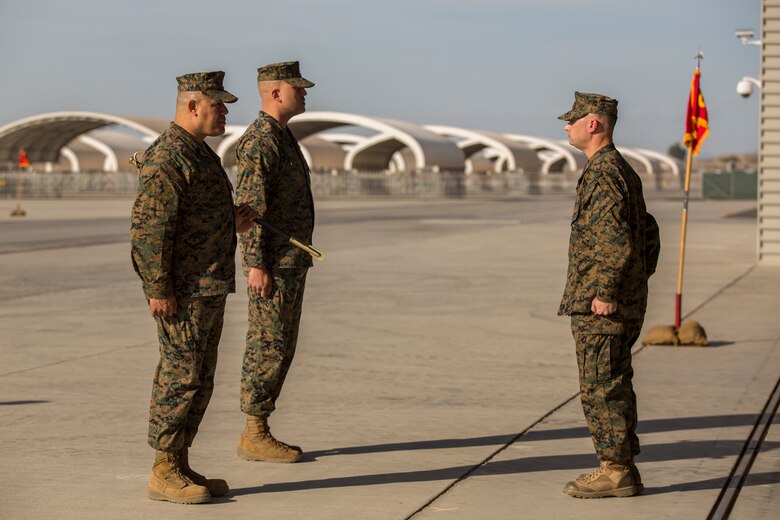 Sgt. Maj. Jesse Becker, Sergeant Major of Marine Unmanned Aerial Vehicle Squadron one (VMU-1), is appointed the new squadron sergeant major after relieving Sgt. Maj. Arturo Cisneros, Nov. 30, 2018 at the VMU-1 hangar. Sgt. Maj. Cisneros served with VMU-1 honorably for just under three years, ensuring that the Marines assigned to the squadron performed their duties exceptionally while continuously building unit morale. (U.S. Marine Corps photo by Cpl. Sabrina Candiaflores)