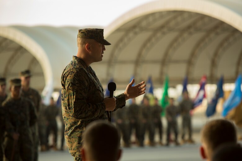 Sgt. Maj. Jesse Becker, Sergeant Major of Marine Unmanned Aerial Vehicle Squadron one (VMU-1), is appointed the new squadron sergeant major after relieving Sgt. Maj. Arturo Cisneros, Nov. 30, 2018 at the VMU-1 hangar. Sgt. Maj. Cisneros served with VMU-1 honorably for just under three years, ensuring that the Marines assigned to the squadron performed their duties exceptionally while continuously building unit morale. (U.S. Marine Corps photo by Cpl. Sabrina Candiaflores)
