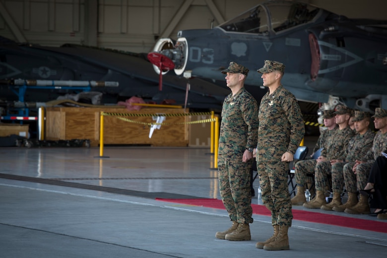 U.S. Marines with Marine Attack Squadron 311 (VMA-311), Marine Corps Air Station (MCAS) Yuma, participate in the Change of Command Ceremony where Lt. Col. Michael W. McKenney, commanding officer for VMA-311 relinquished command to Lt. Col. Robb T. McDonald on MCAS Yuma, Ariz., Dec. 13, 2018. The Change of Command Ceremony represents the transfer of responsibility, authority, and accountability from the outgoing commanding officer to the incoming commanding officer. (U.S. Marine Corps photo by Sgt. Allison Lotz)