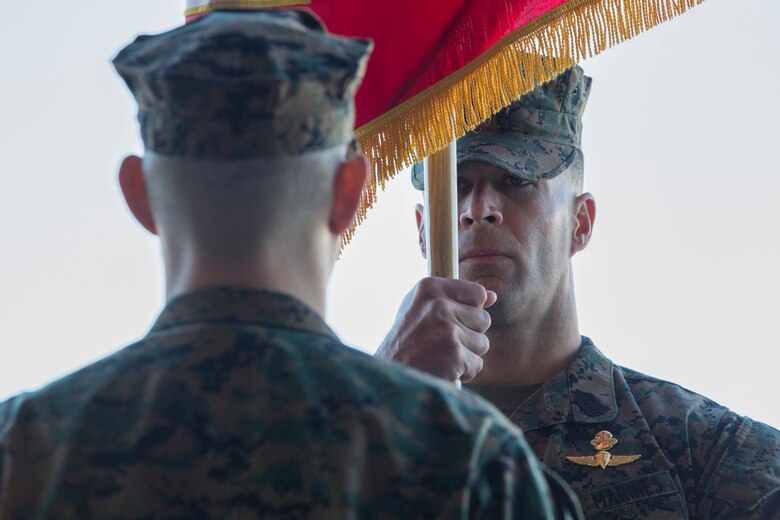 U.S. Marine Corps Sgt. Maj. William R. Bilenski, sergeant major, Marine Attack Squadron 311 (VMA-311), Marine Corps Air Station (MCAS) Yuma, participates in the Change of Command Ceremony where Lt. Col. Michael W. McKenney, commanding officer for VMA-311 relinquished command to Lt. Col. Robb T. McDonald on MCAS Yuma, Ariz., Dec. 13, 2018. The Change of Command Ceremony represents the transfer of responsibility, authority, and accountability from the outgoing commanding officer to the incoming commanding officer. (U.S. Marine Corps photo by Sgt. Allison Lotz)