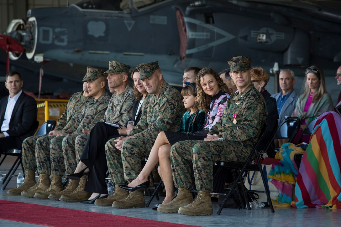 U.S. Marines with Marine Attack Squadron 311 (VMA-311), Marine Corps Air Station (MCAS) Yuma, participate in the Change of Command Ceremony where Lt. Col. Michael W. McKenney, commanding officer for VMA-311 relinquished command to Lt. Col. Robb T. McDonald on MCAS Yuma, Ariz., Dec. 13, 2018. The Change of Command Ceremony represents the transfer of responsibility, authority, and accountability from the outgoing commanding officer to the incoming commanding officer. (U.S. Marine Corps photo by Sgt. Allison Lotz)