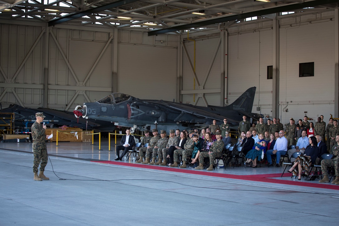 U.S. Marines with Marine Attack Squadron 311 (VMA-311), Marine Corps Air Station (MCAS) Yuma, participate in the Change of Command Ceremony where Lt. Col. Michael W. McKenney, commanding officer for VMA-311 relinquished command to Lt. Col. Robb T. McDonald on MCAS Yuma, Ariz., Dec. 13, 2018. The Change of Command Ceremony represents the transfer of responsibility, authority, and accountability from the outgoing commanding officer to the incoming commanding officer. (U.S. Marine Corps photo by Sgt. Allison Lotz)