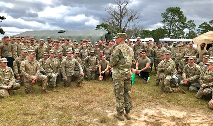 Army Maj. Gen. William "Bill" Hall, commander, Joint Task Force Civil Support, talks with Soldiers and Airmen of the 503rd Military Police Battalion during their recent field training exercise (FTX) at Camp Blanding, Fla., on Oct. 24, 2018. The 503rd is a subordinate battalion that falls under Task Force Operations, one of the major task forces that make up the Defense Chemical, Biological, Radiological and Nuclear Response Force (DCRF). It is part of a 5,200-personnel team that extends across 30 bases throughout the United States ready for any a crisis response. The FTX provided various skilled training in search & rescue and emergency medical treatment.