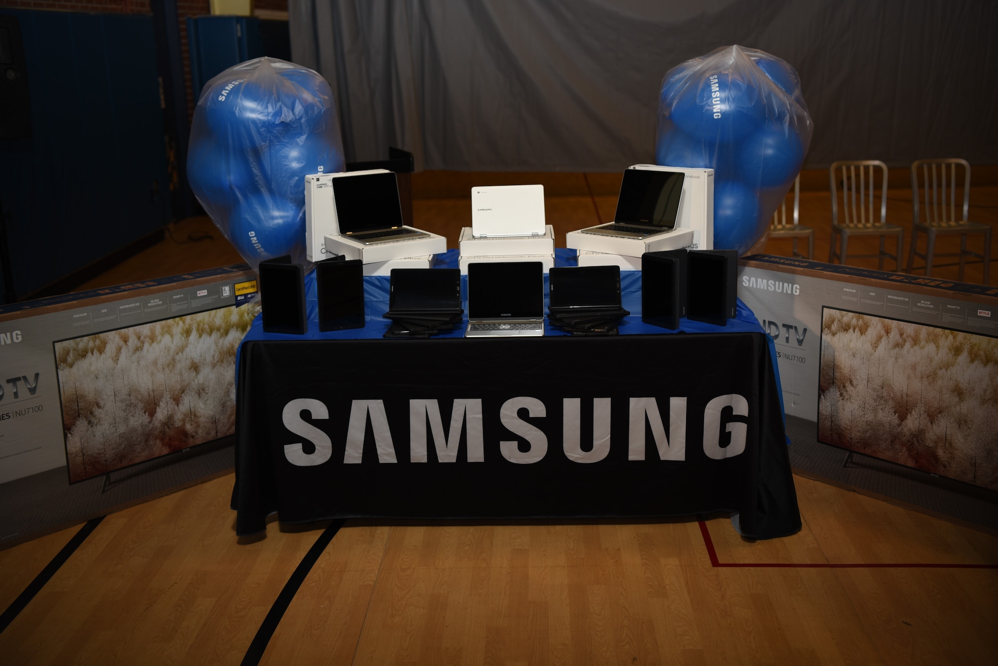 The Youth Center won the “Climate Superstars” environmental awareness challenge national champtionship, December 12, 2018, at Grand Forks Air Force Base, North Dakota. Their prize consisted of $10,000 worth of Samsung electronics, which included two televisions, 10 Chromebook laptops, and 15 tablets. (U.S. Air Force photo by Airman 1st Class Melody Wolff)
