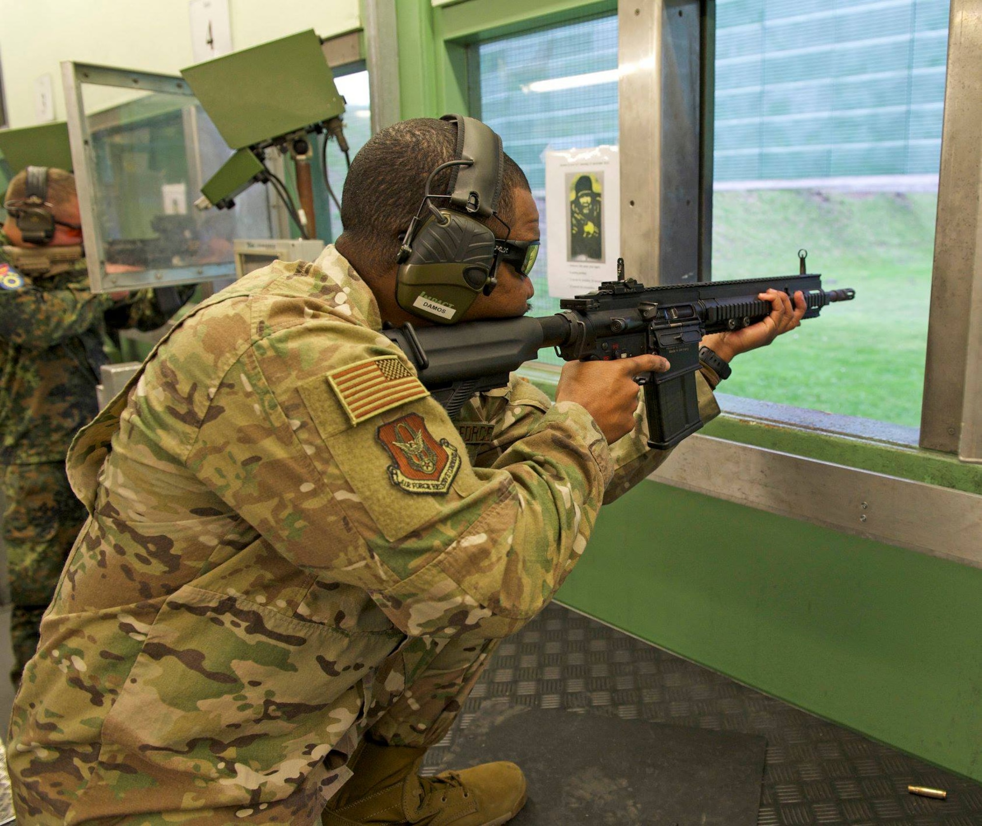 Tech. Sgt. Gregory Myers, a U.S. Air Force Reserve Citizen Airman assigned to the 452nd Security Forces Squadron, competes in the rifle portion of the 2018 Royal Netherlands Marine Corps Shooting Competition Dec. 15 in Den Helder, the Netherlands. The Air Force Reserve Command Shooting Team placed second in pistol marksmanship. Alongside 10 countries, the team represented the United States in the tournament.  (U.S. Air Force photo by Nicholas Janeway)